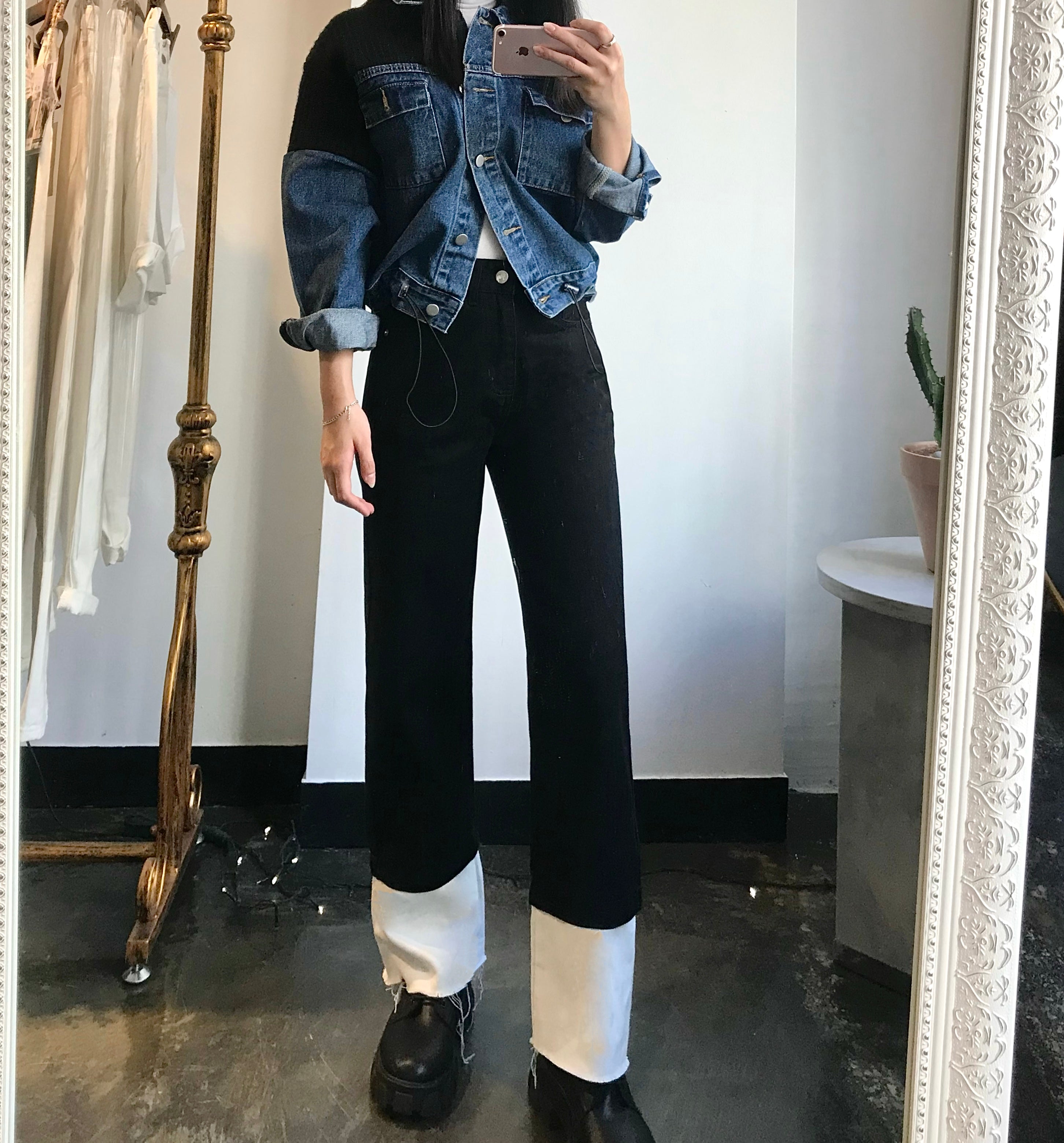 SEMI WIDE FIT BLACK+WHITE DENIM PANTS [17723]