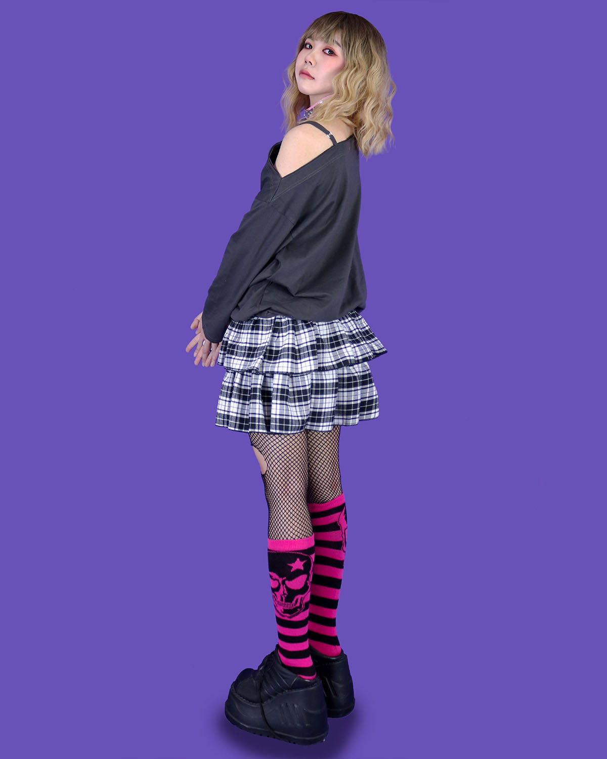 skully punk striped knee-socks (4 color)