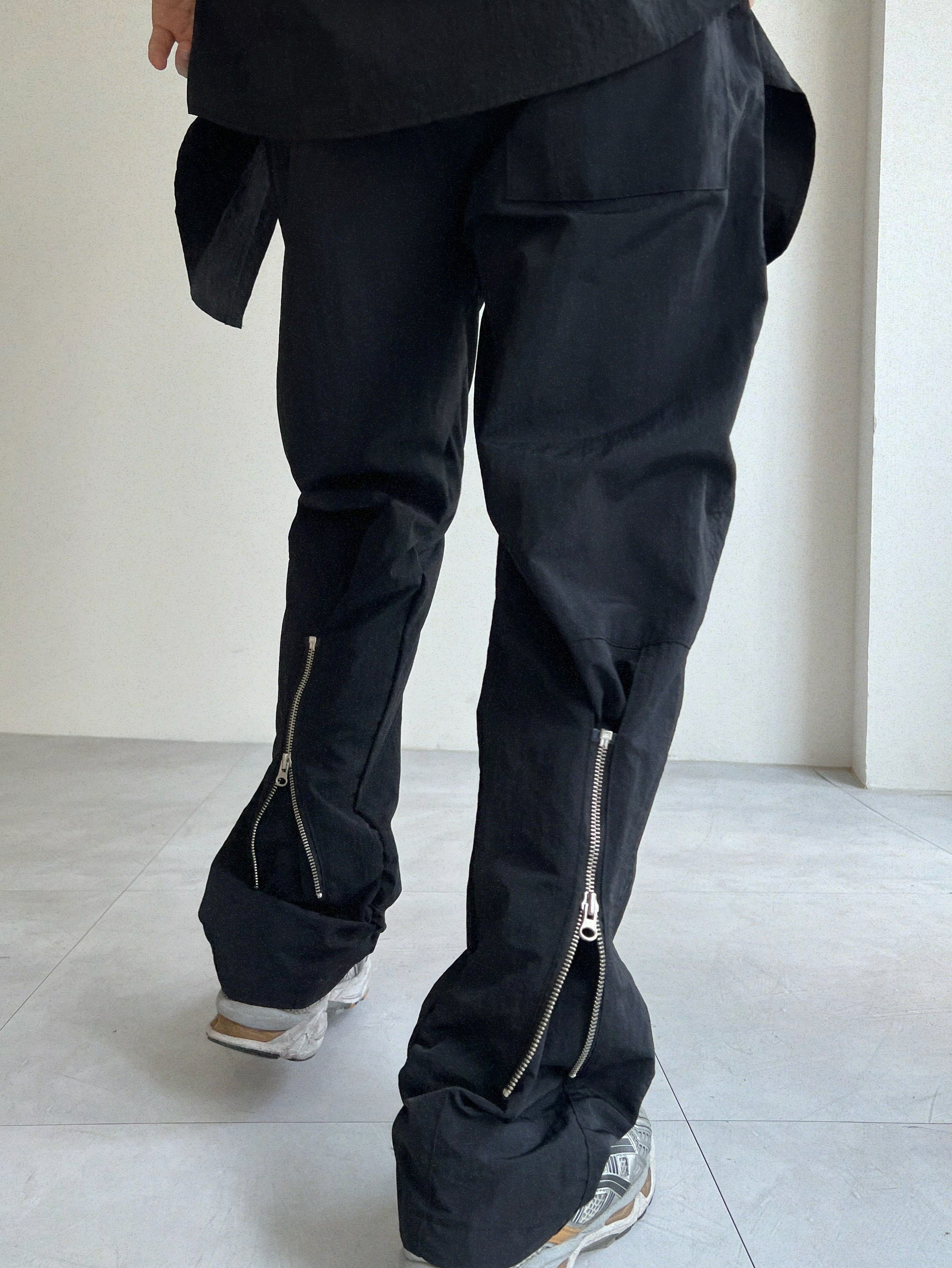 Back zipper shirring nylon pants(black)