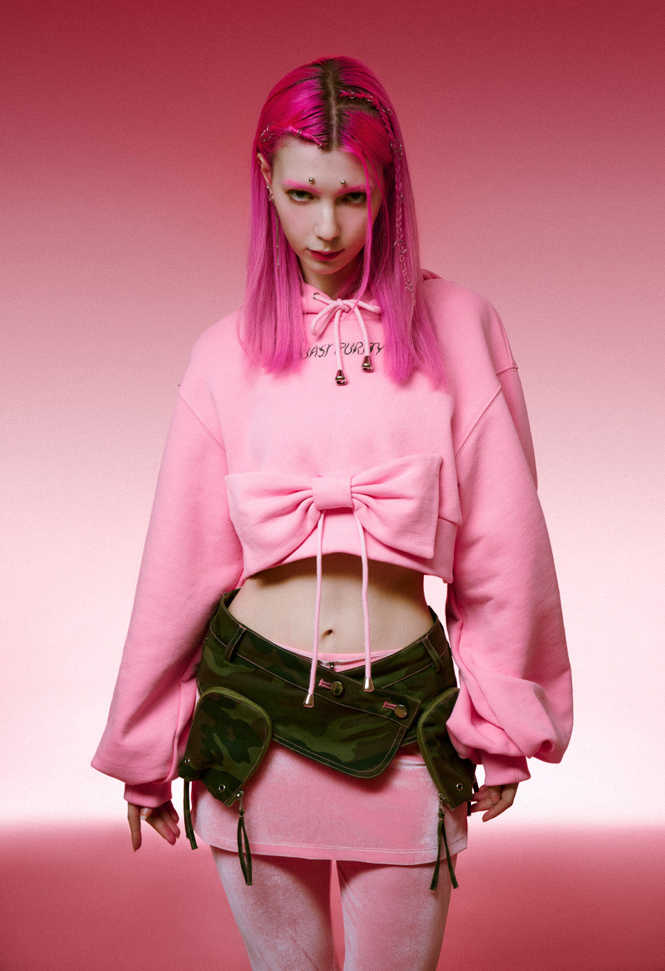  RIBBON CROP HOODIE (PINK)