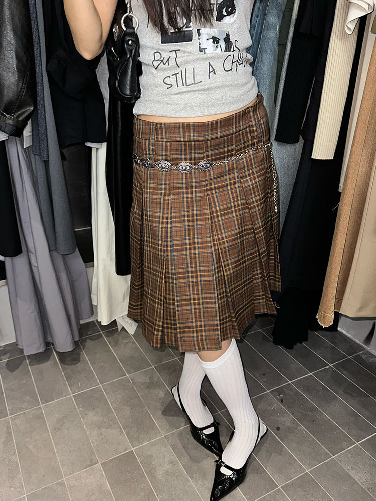 Checked mid pleated skirt