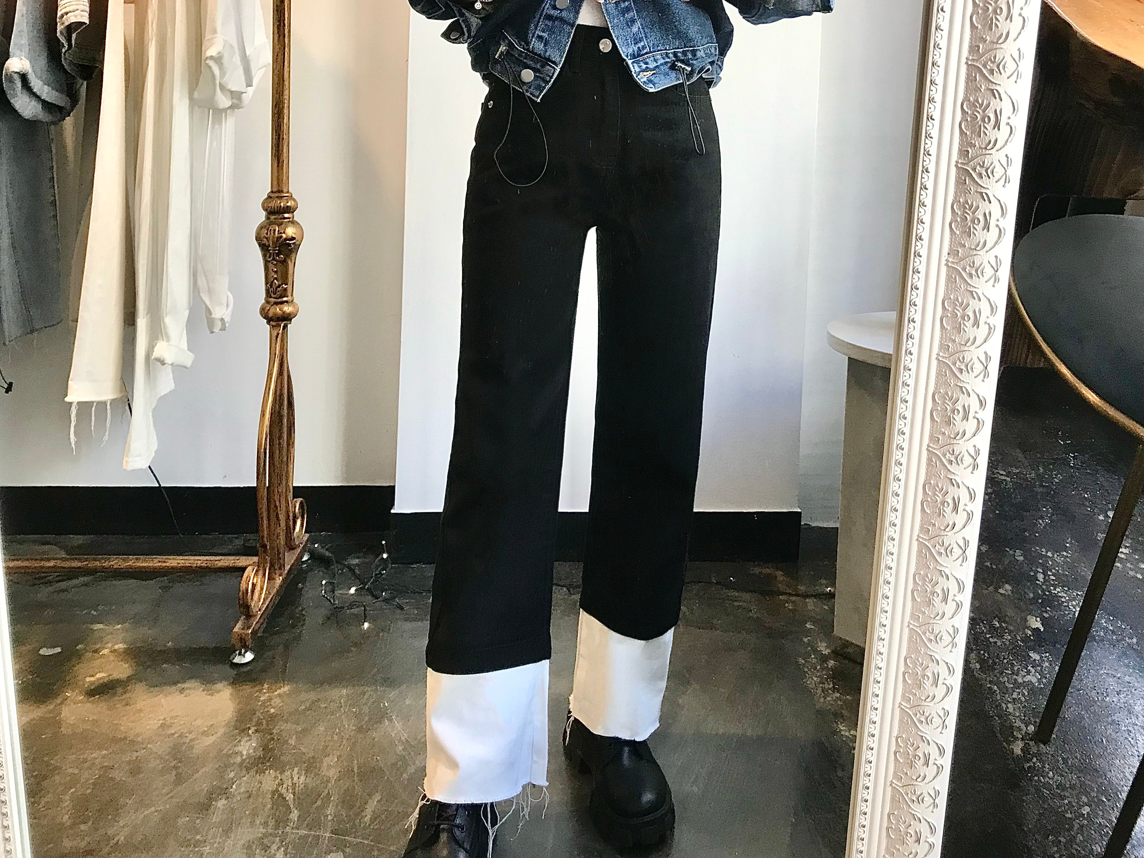 SEMI WIDE FIT BLACK+WHITE DENIM PANTS [17723]