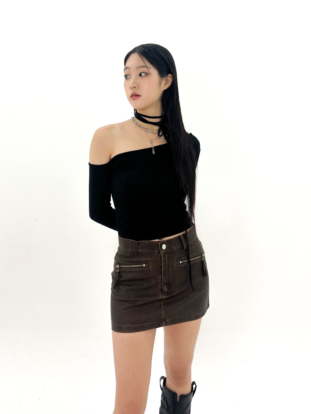 Vintage washing leather low-rise mini skirts (2 Color)