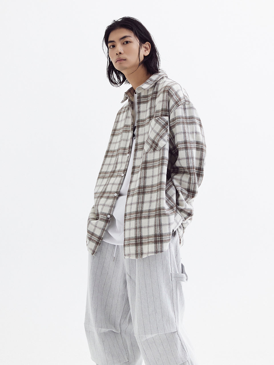 Loose wool check shirts Beige