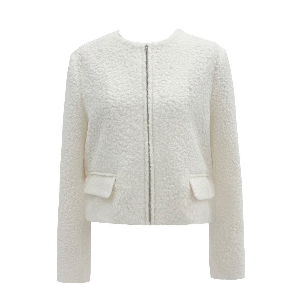 Boucle no-collar zip-up jacket (White)