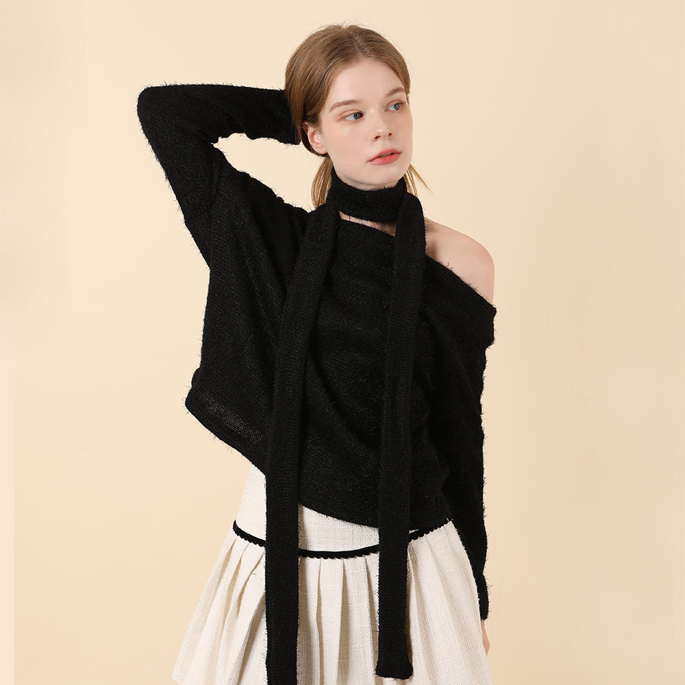 Off Shoulder Muffler Knit Set Black