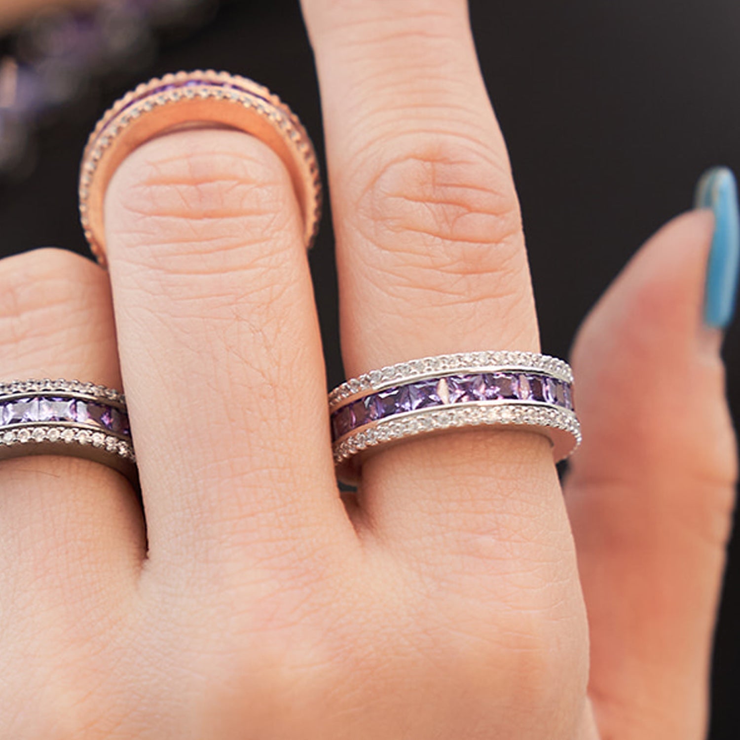 [BLACKLABEL] AAA DIA Crystal 3-line ring silver purple