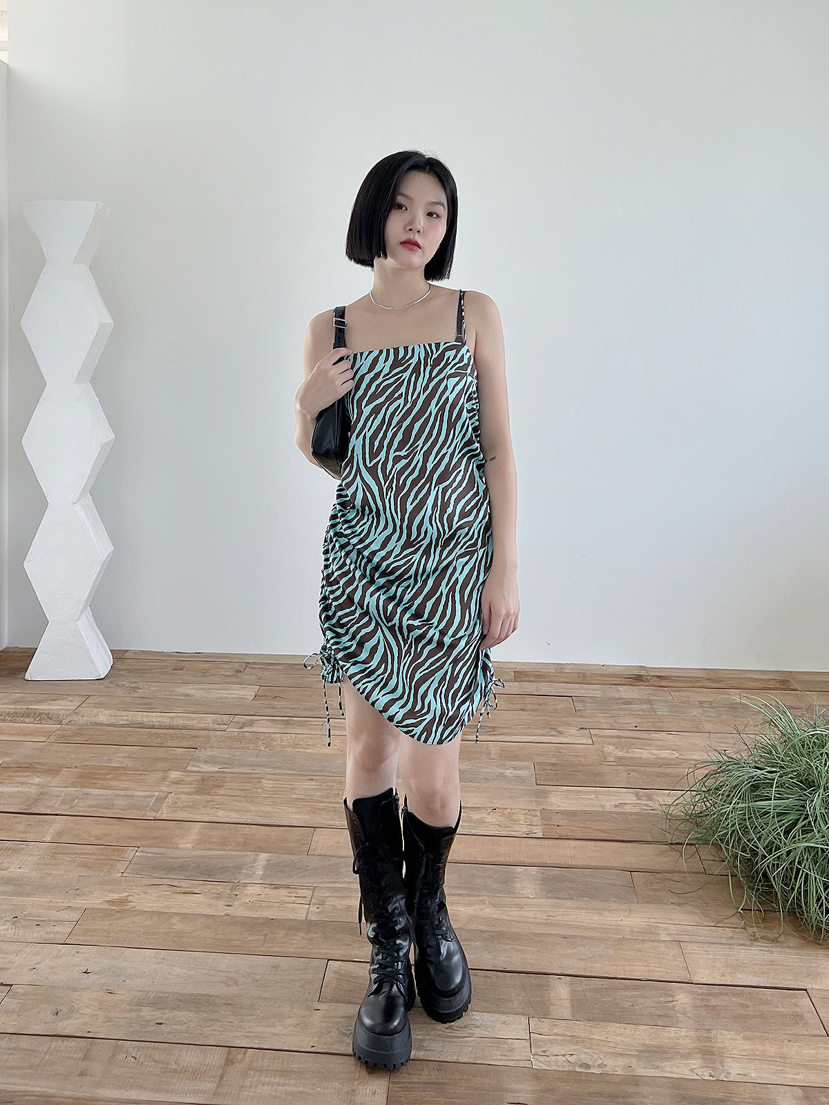 Satin Zebra Shirring Dress (2color)