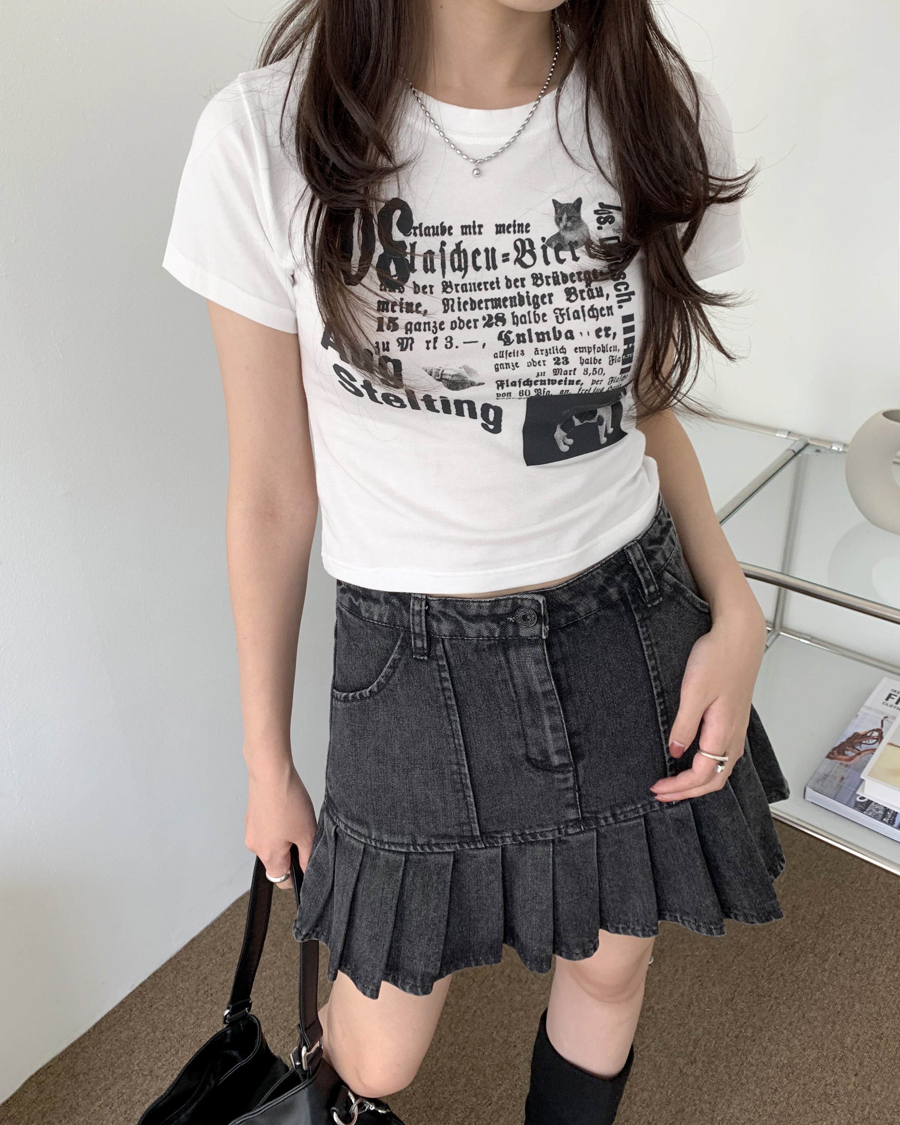 [MADE] Neko Vintage Cat Print Crop Short Sleeve T-shirt