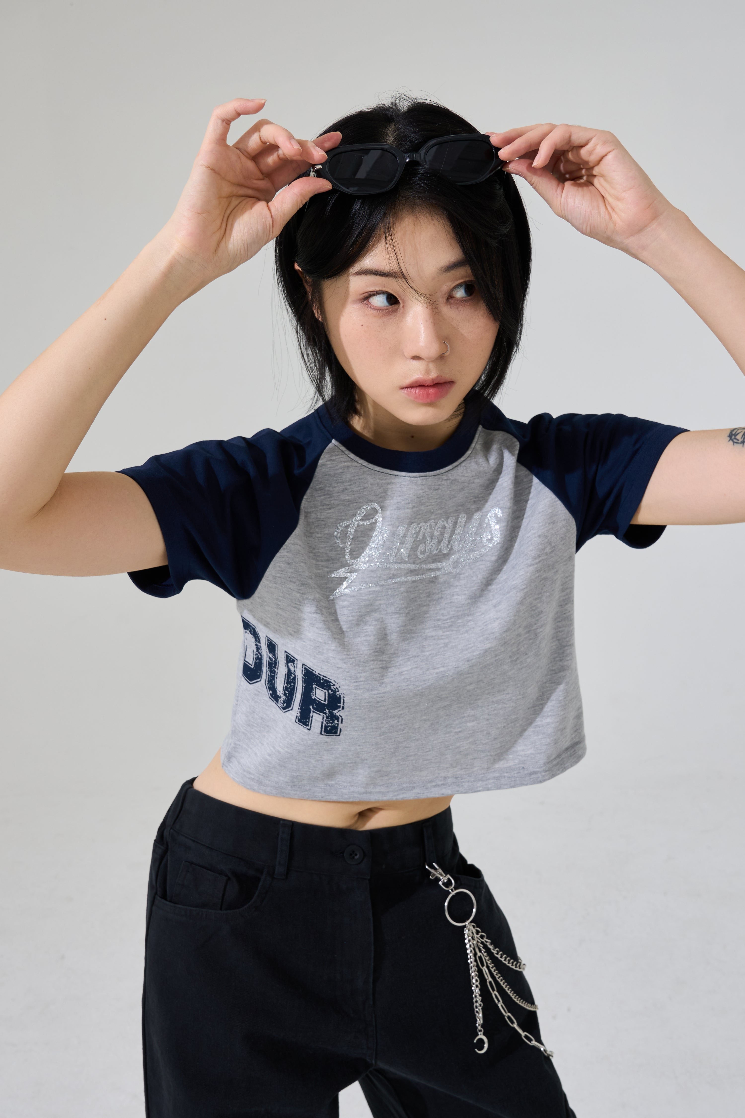 Supima Glitter Logo Raglan T-shirt Melange/Navy