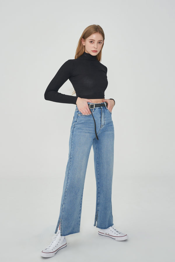  SONG JI HYO, VIVIZ EUNHA, SISTAR HYRIN, EVERGLOW AISHA, NATURE LU, STAYC ISA, FROMIS_9 SAEROM WORNSEMI WIDE FIT BELT SET SLIT DENIM PANTS [6607]