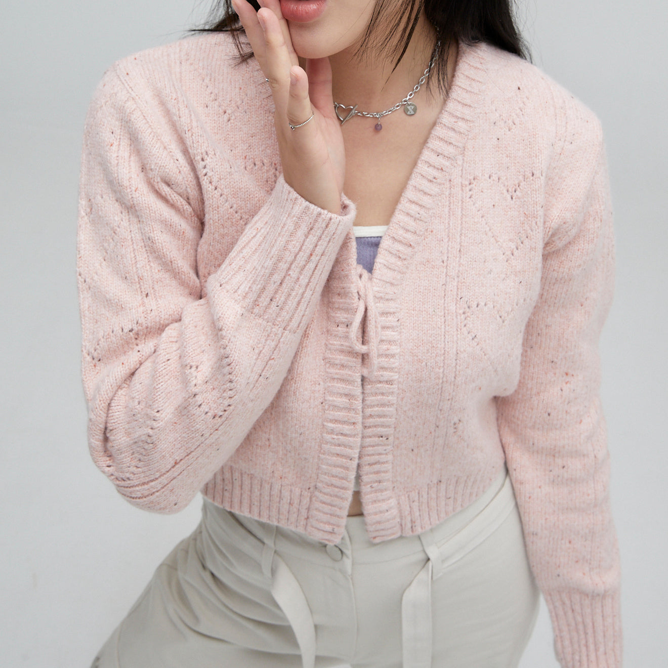 heart crochet knit cardigan pink