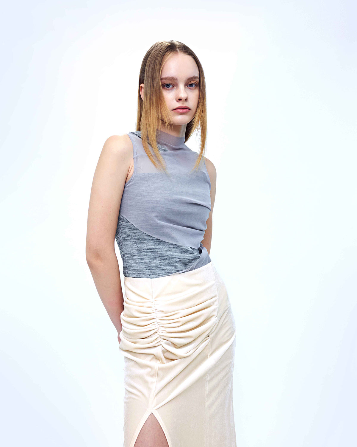 Velvet Draped Slit Long Skirt _ Cream