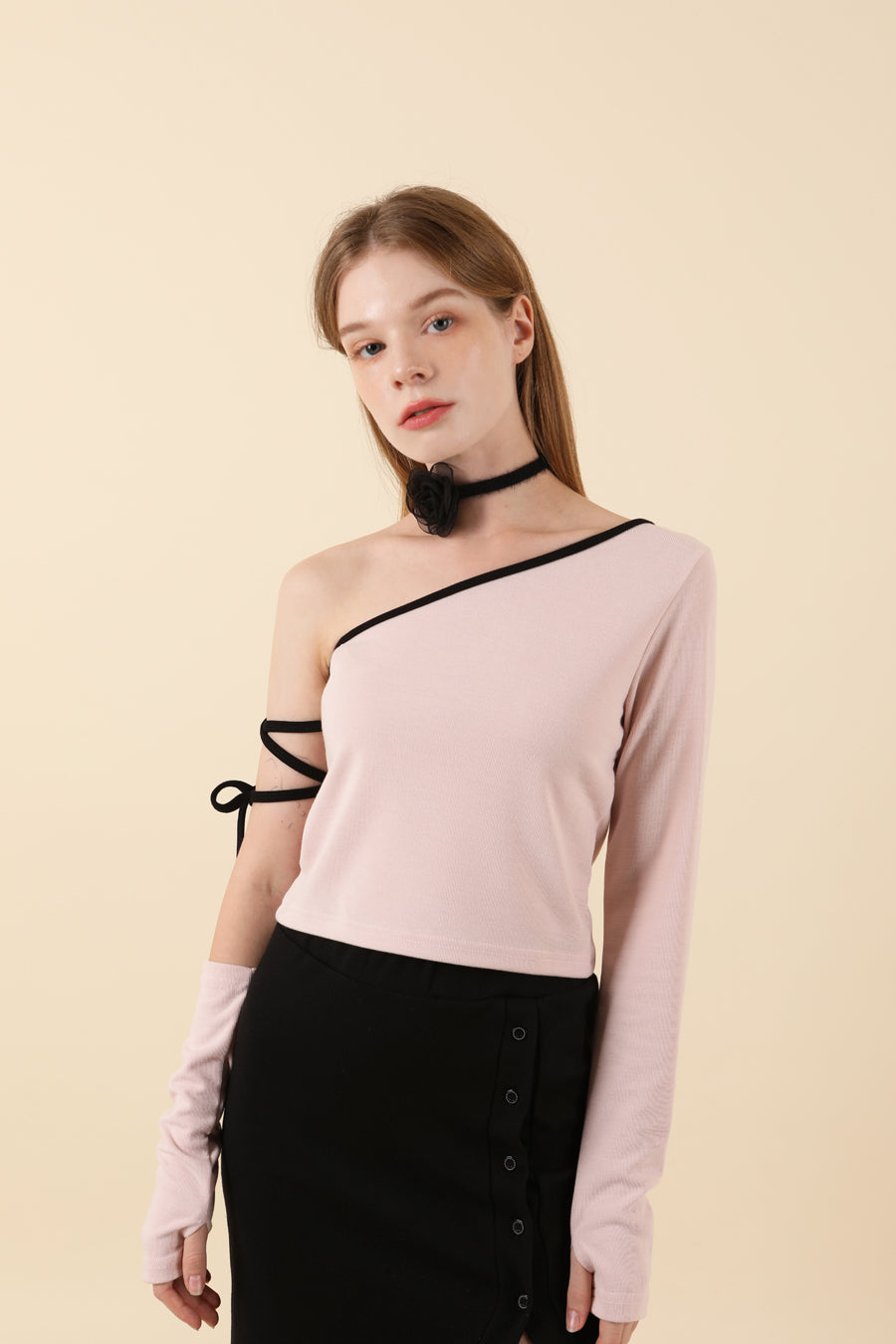 Strap Off Shoulder Warmer T-shirt Pink