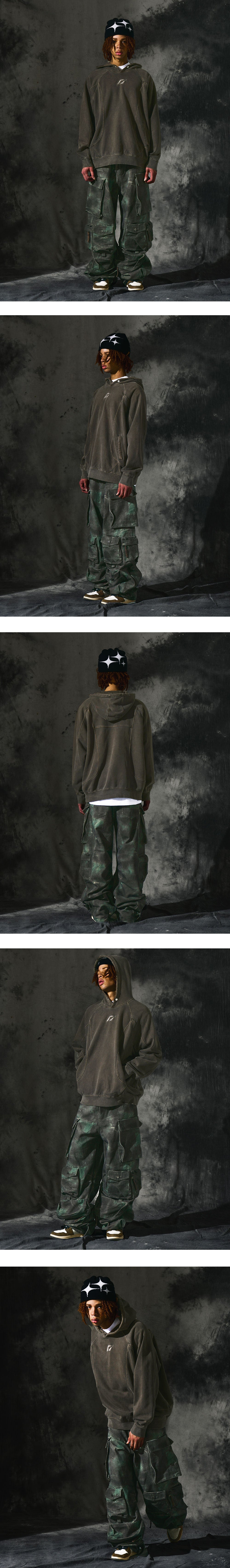 [Heavy Cotton] Pigment Washing Puzzle Embroidered Hoodie_Brown