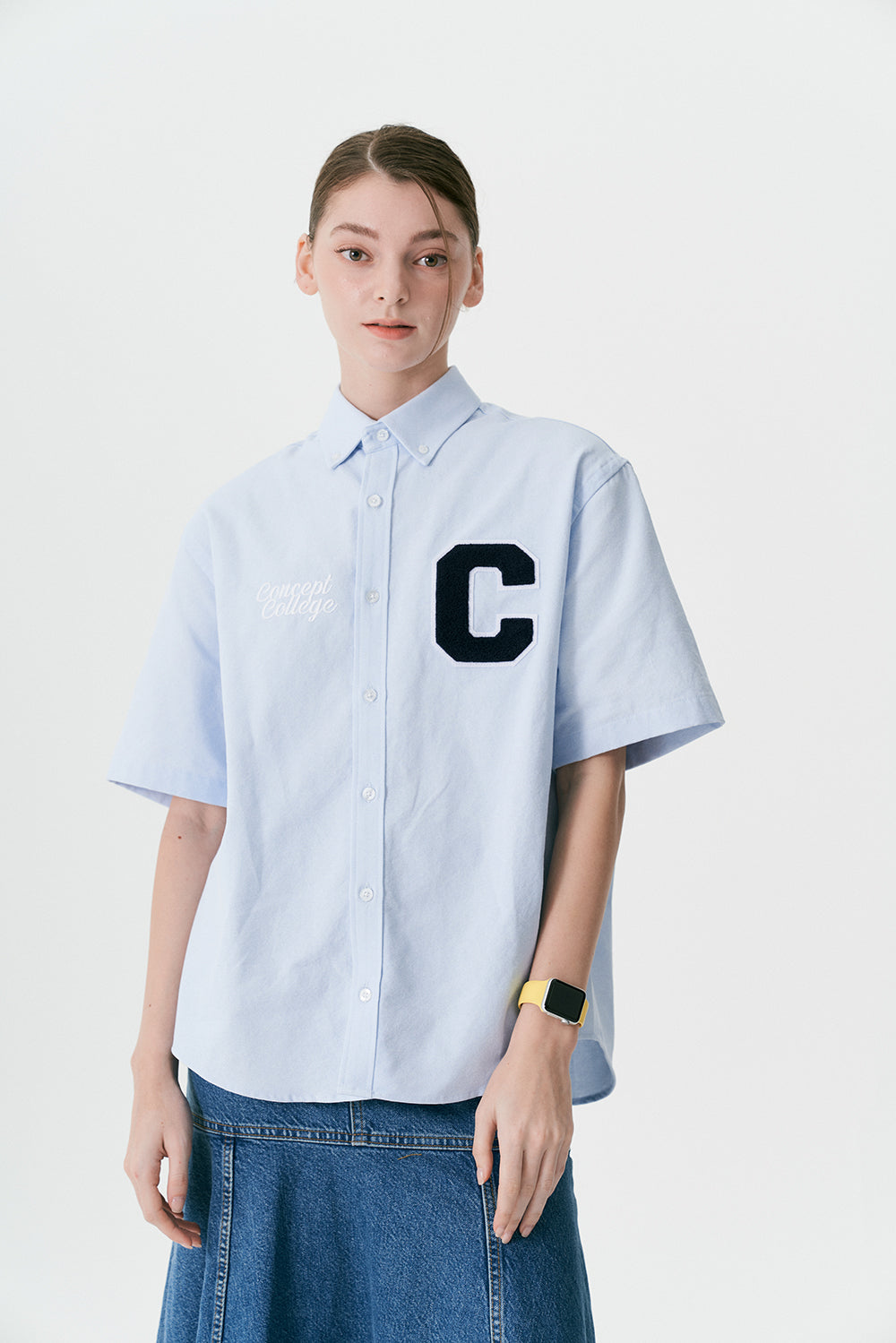 C Patch Short-Sleeved Unisex Sky blue Oxford Shirt