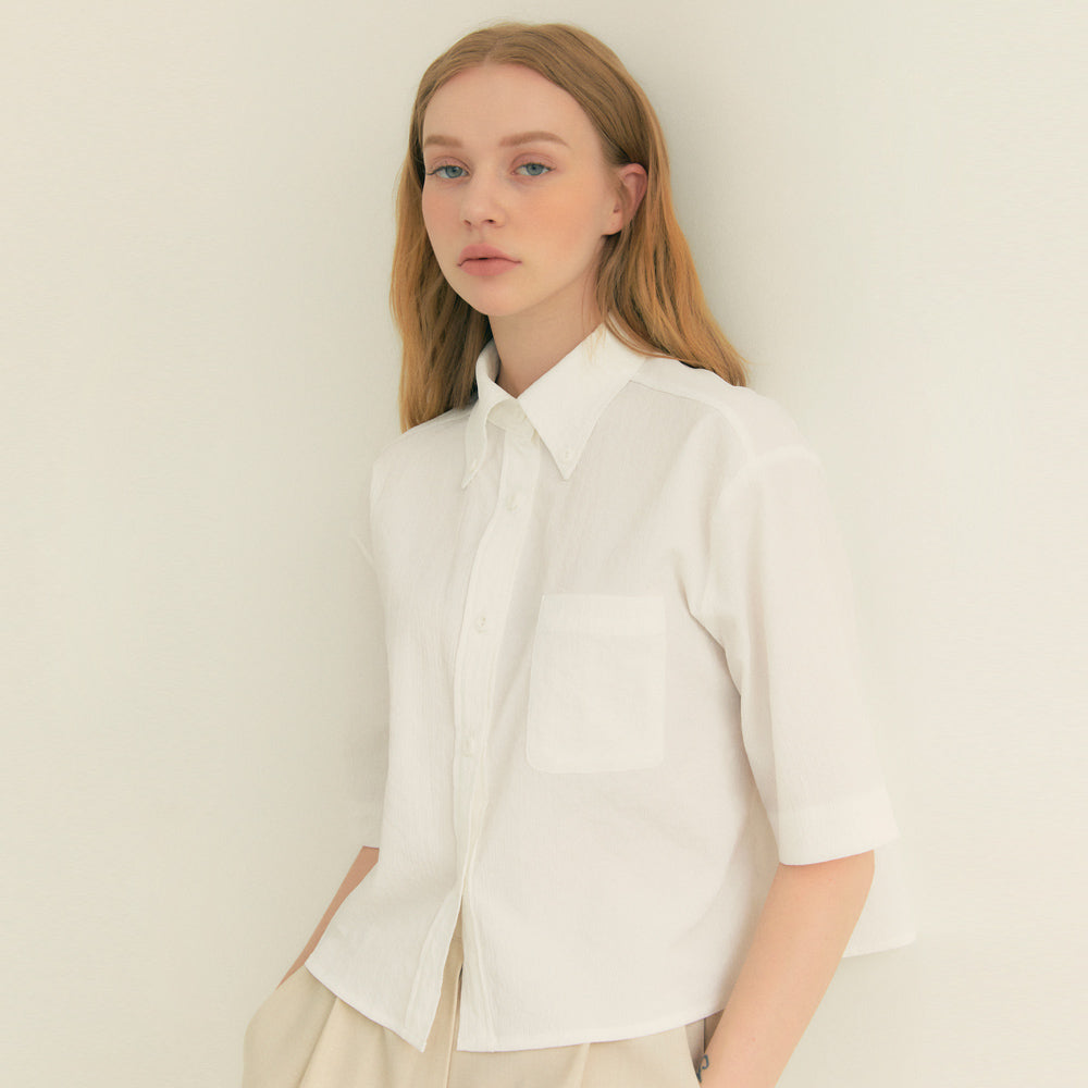 Stripe Wrinkle Pocket Crop Shirt (White)