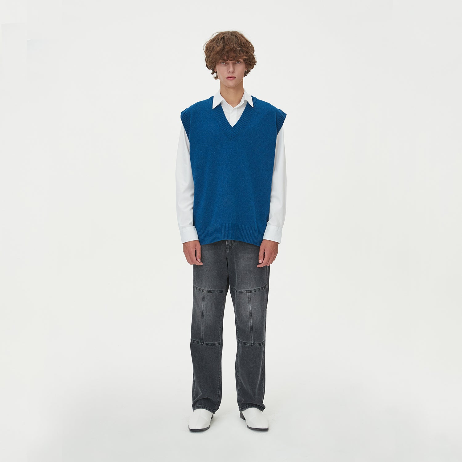 LAMBSWOOL V NECK KNIT VEST_BLUE