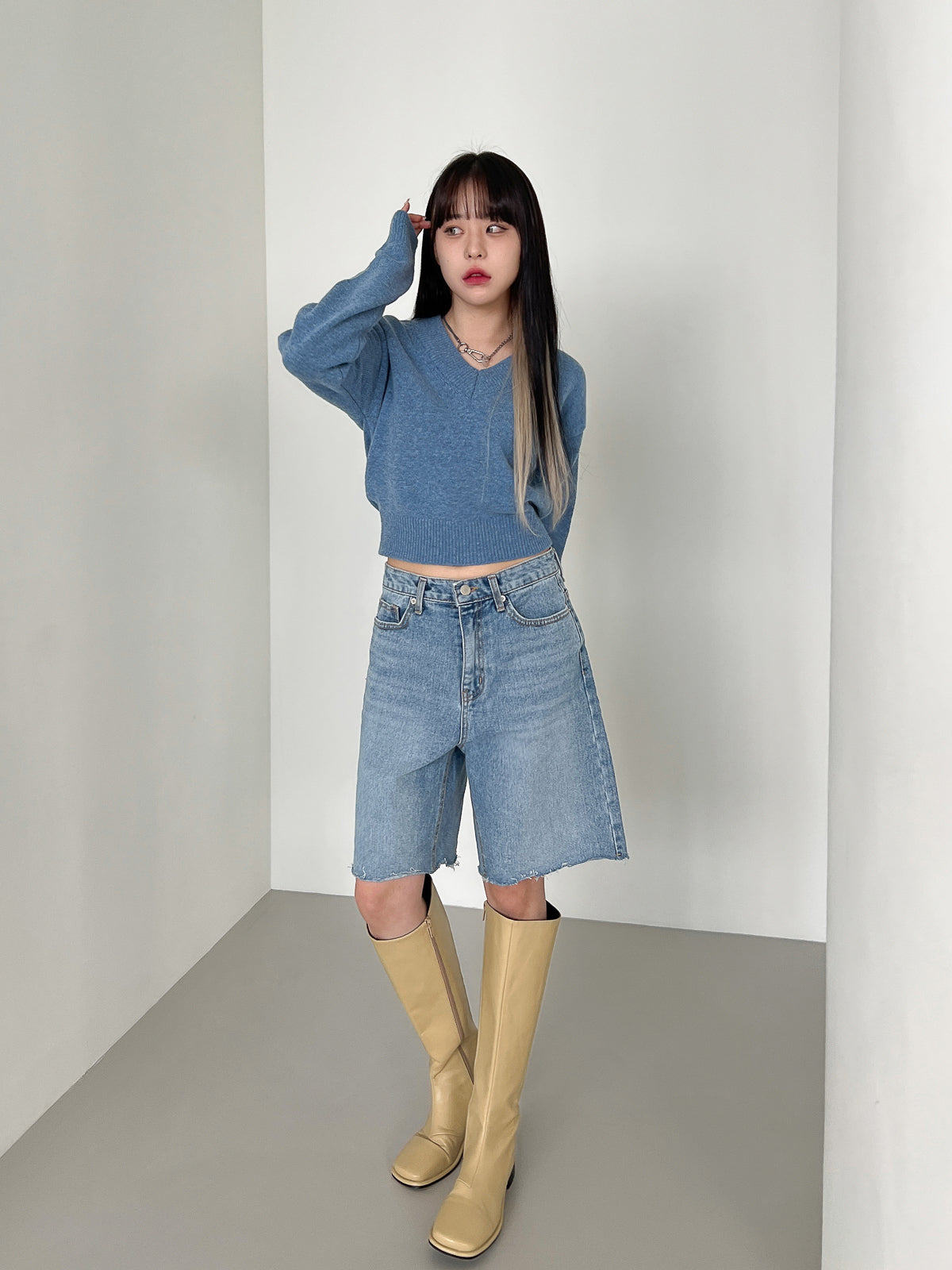 Wool V-neck Crop Knit (10color)