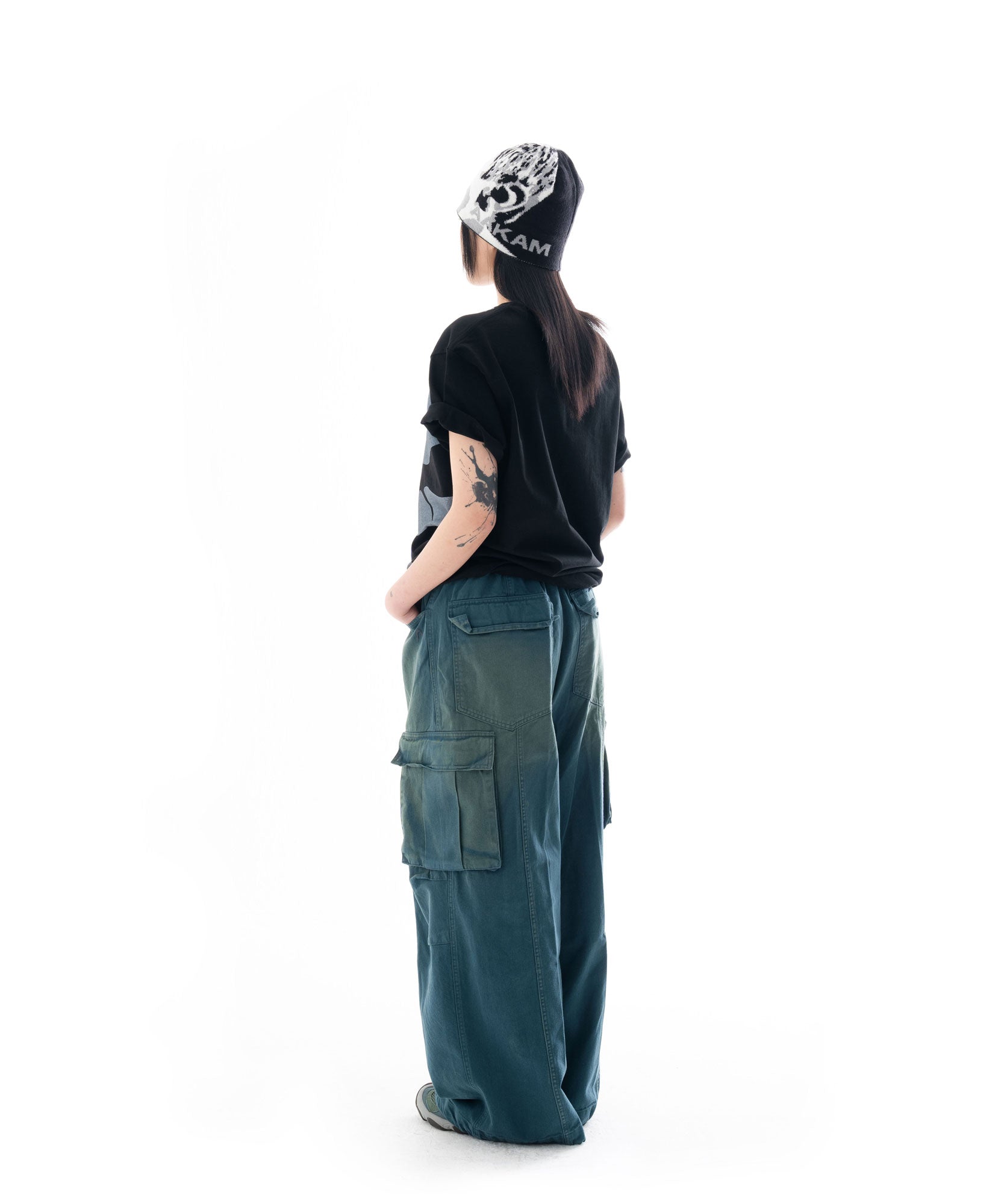 Knee Pin-tuck Wide Cargo Pants (Washed Blue)