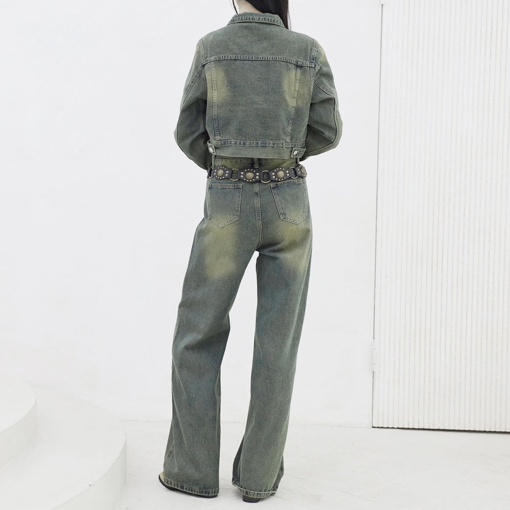 [NONCODE] Laure Denim Crop Jacket + Denim Pants Set