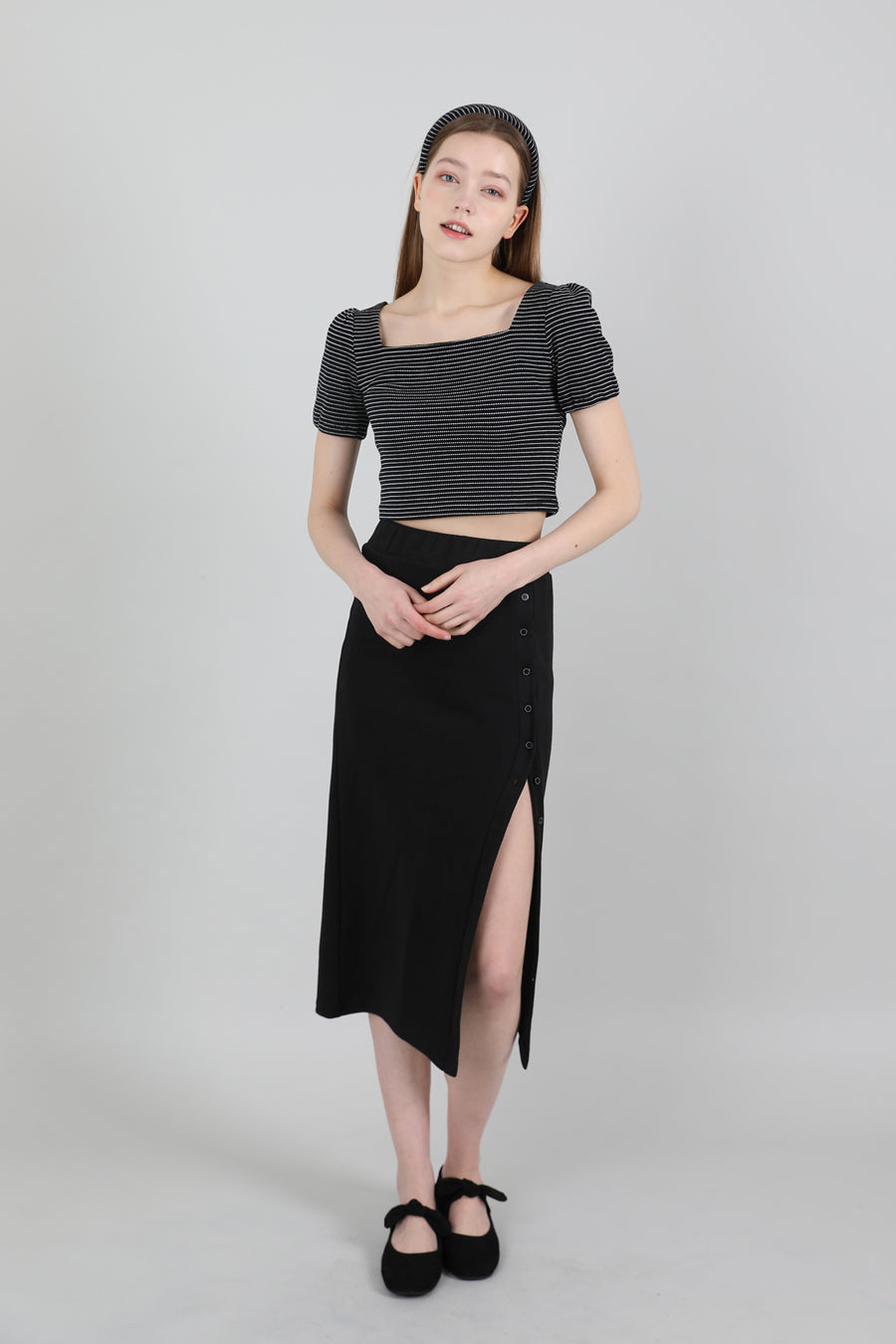 Button Banding Long Skirt Black