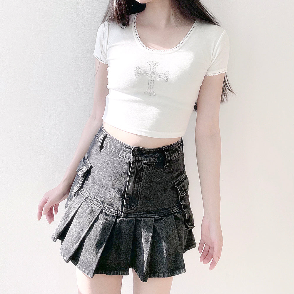 Sparkling Cubic Lace Crop T-Shirt (White)