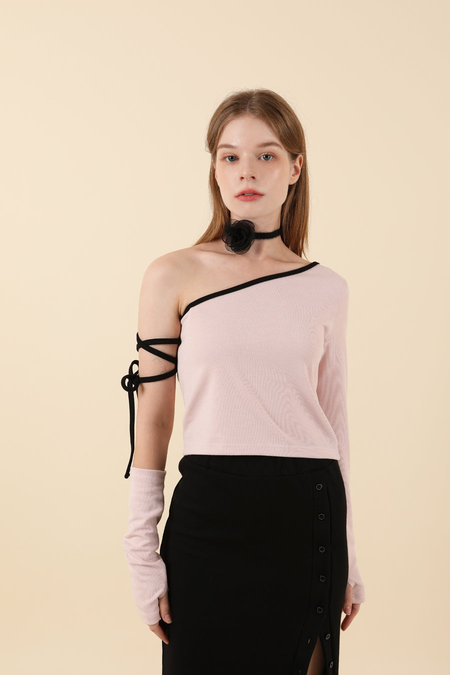 Strap Off Shoulder Warmer T-shirt Pink