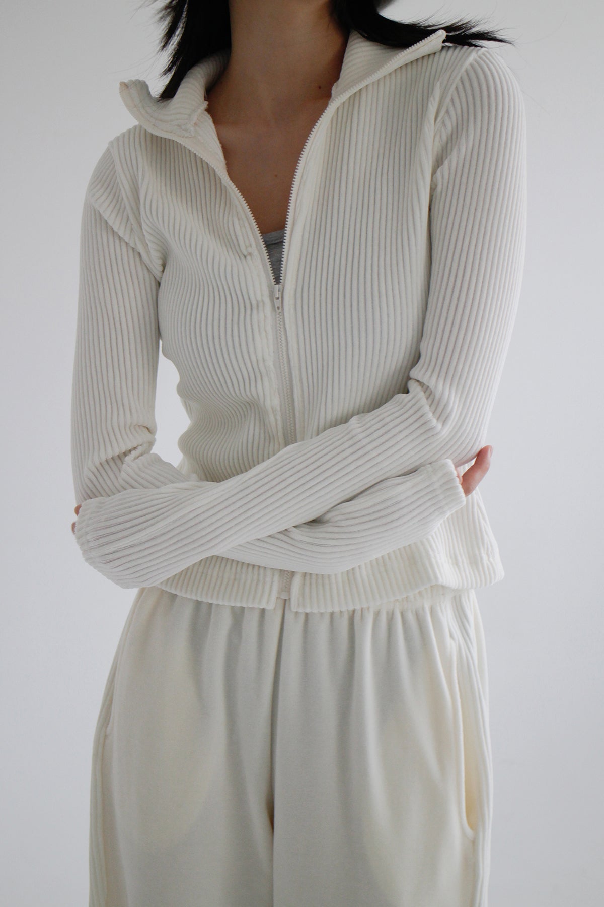 Velvet Ribbed Zip Up [ Ivory ]