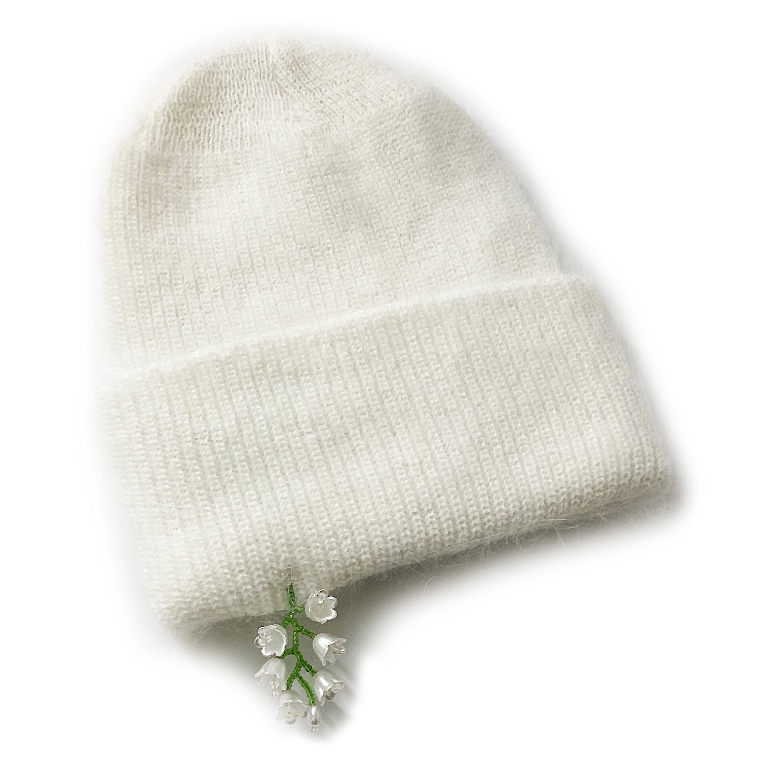 Drop White Flower Beads Beanie [Angora Ivory]