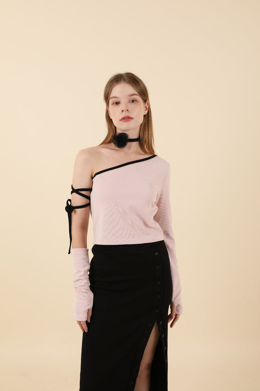 Strap Off Shoulder Warmer T-shirt Pink