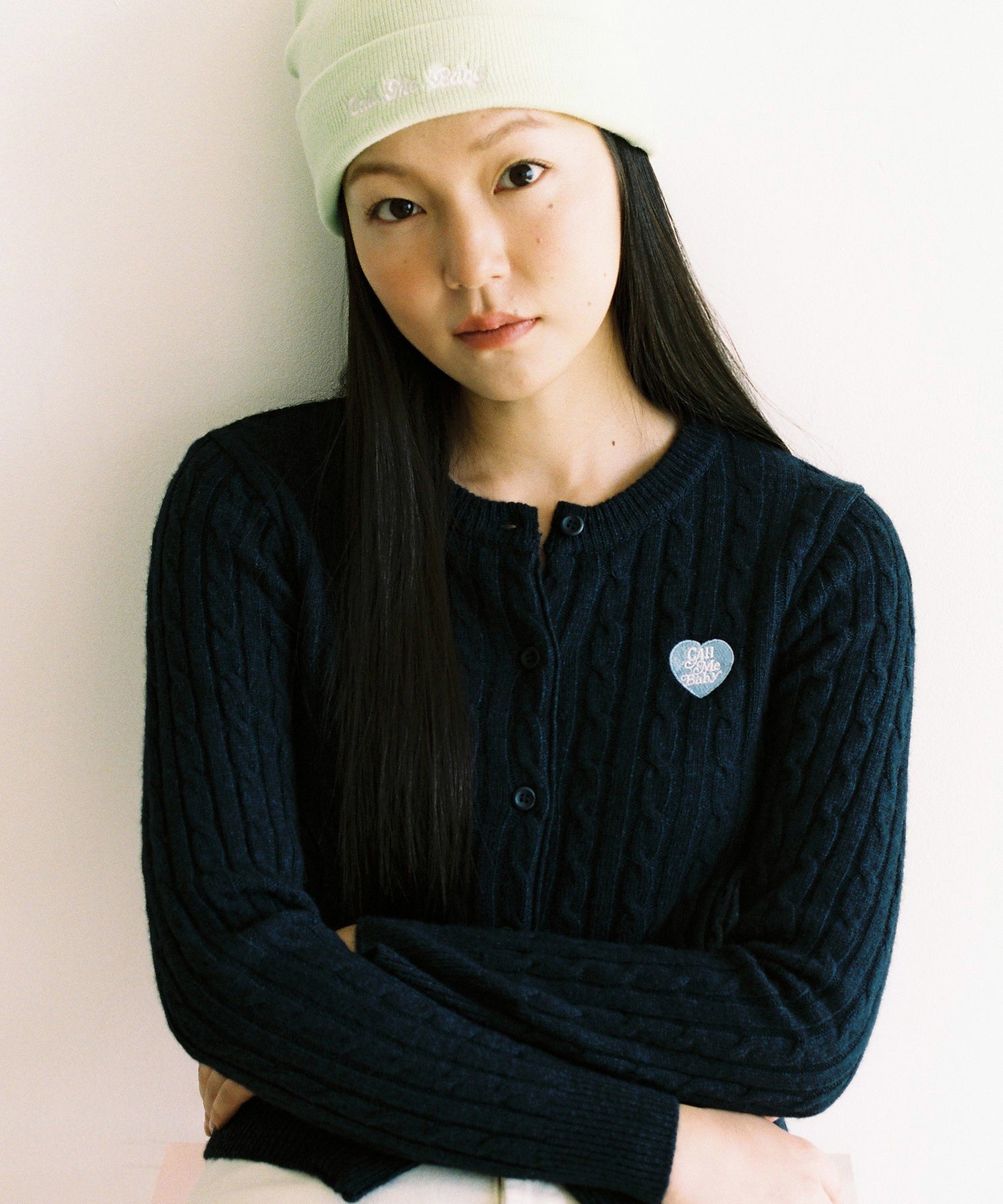 Heart Logo Cashmere Cable Cardi (Navy)