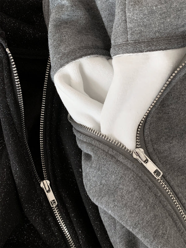 Black brushed pearl hooded zip-up