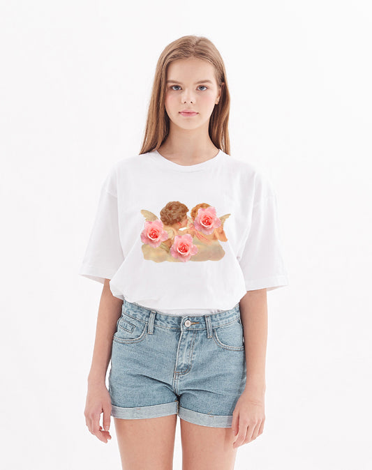 angel print wide short sleeve t-shirt white