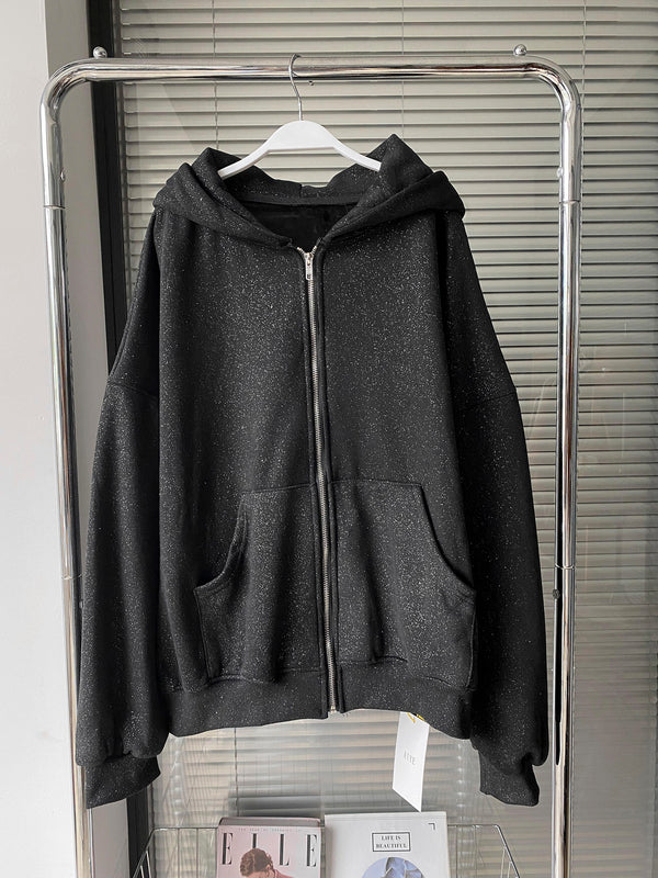 Black brushed pearl hooded zip-up