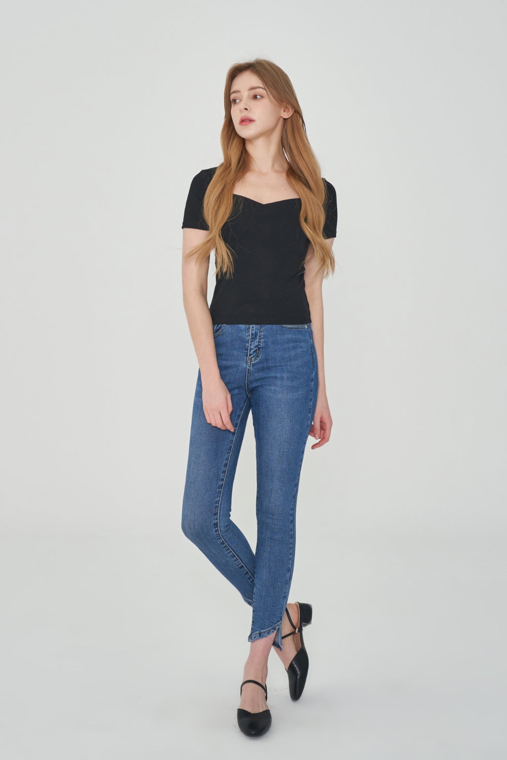 SPANDEX SLIT HEM SKINNY JEAN [6878]