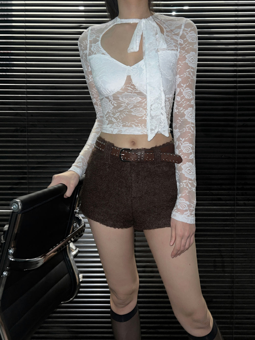 See-through White Ribbon Lace Long Sleeve Top (White)