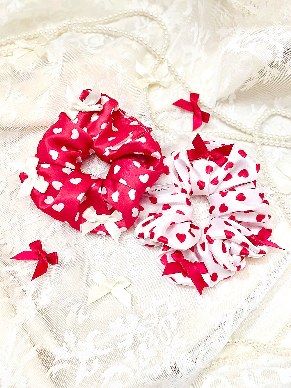 Ruby Heart Ribbon Satin Scrunchie (2Color)