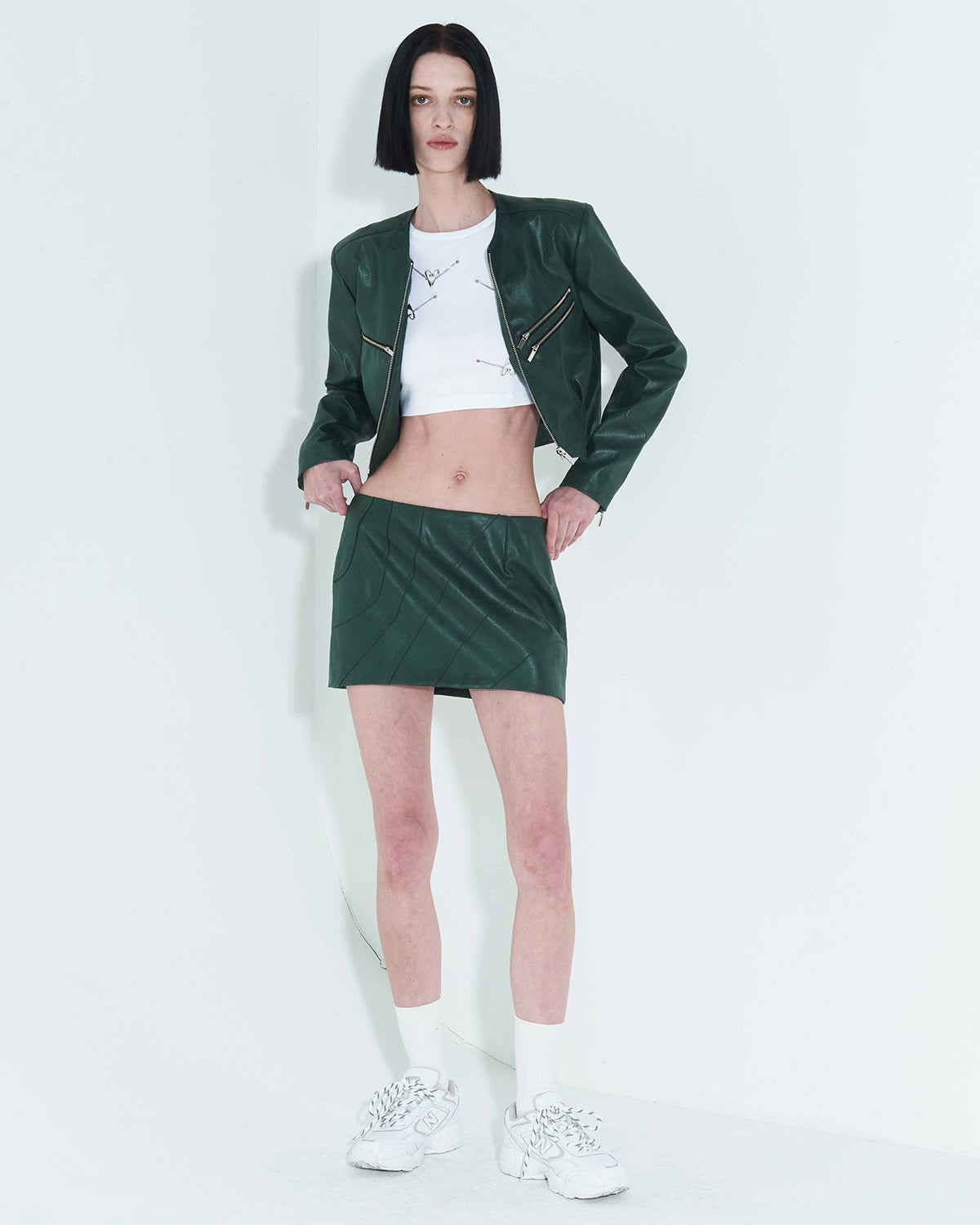 Faux-Leather Cropped Zip-Up Jacket _ Green