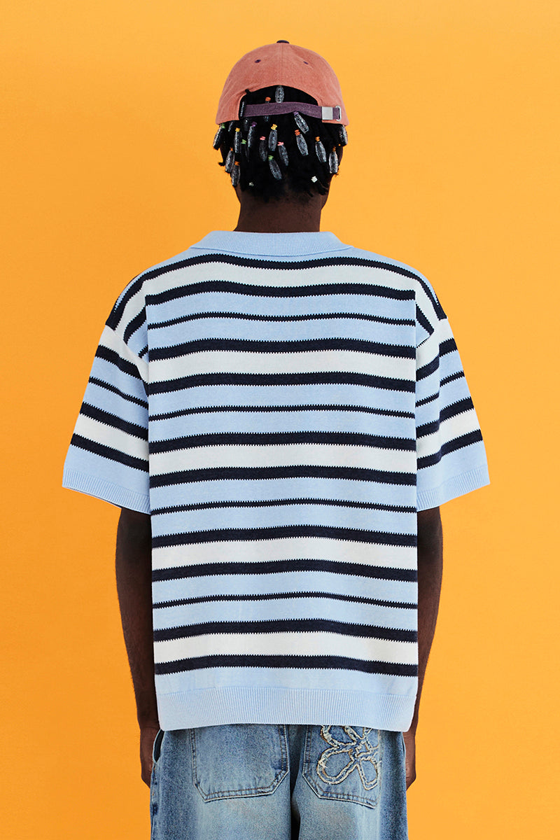 STRIPE KNIT POLO SHIRT / SKY BLUE