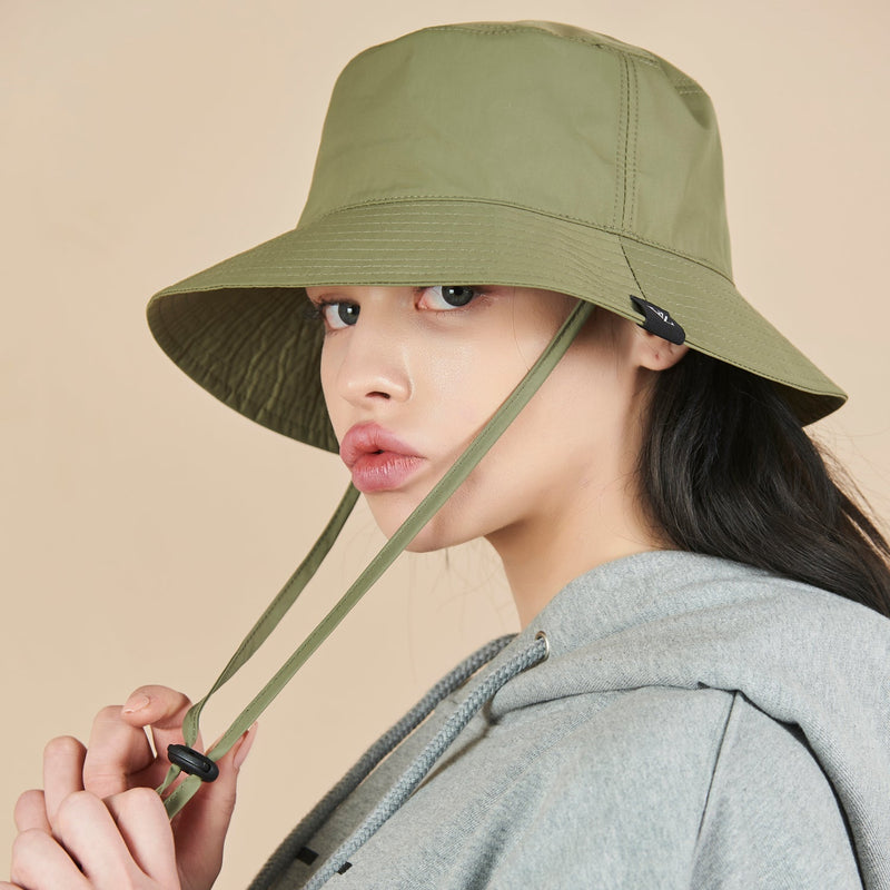 khaki bucket hat with string