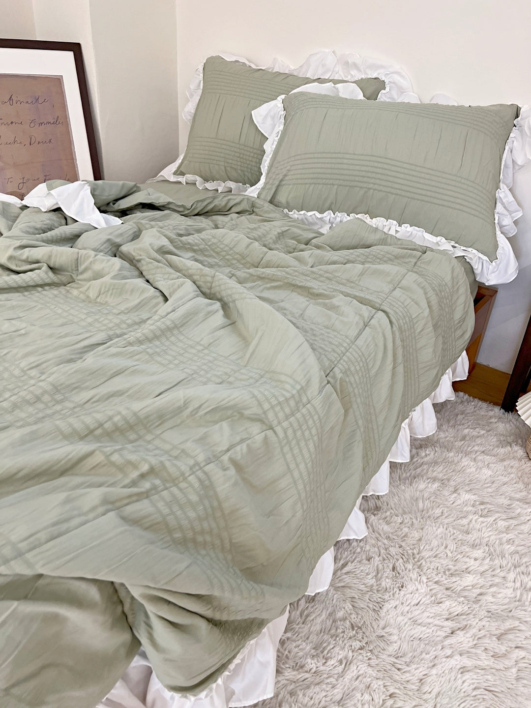 Shirring ruffle light comforter set - Milky Green - Q