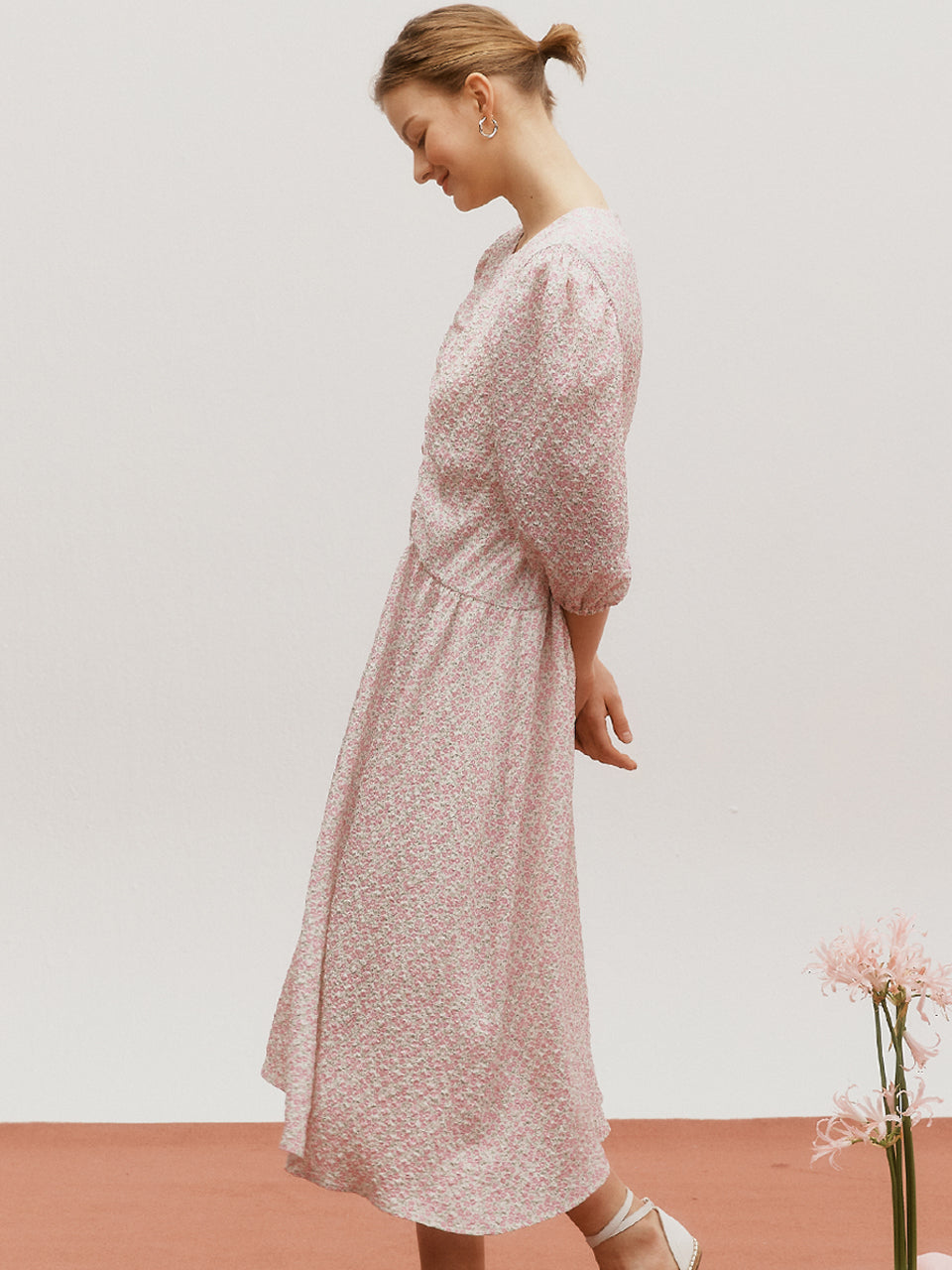 Printed shirring dress - Pink flower