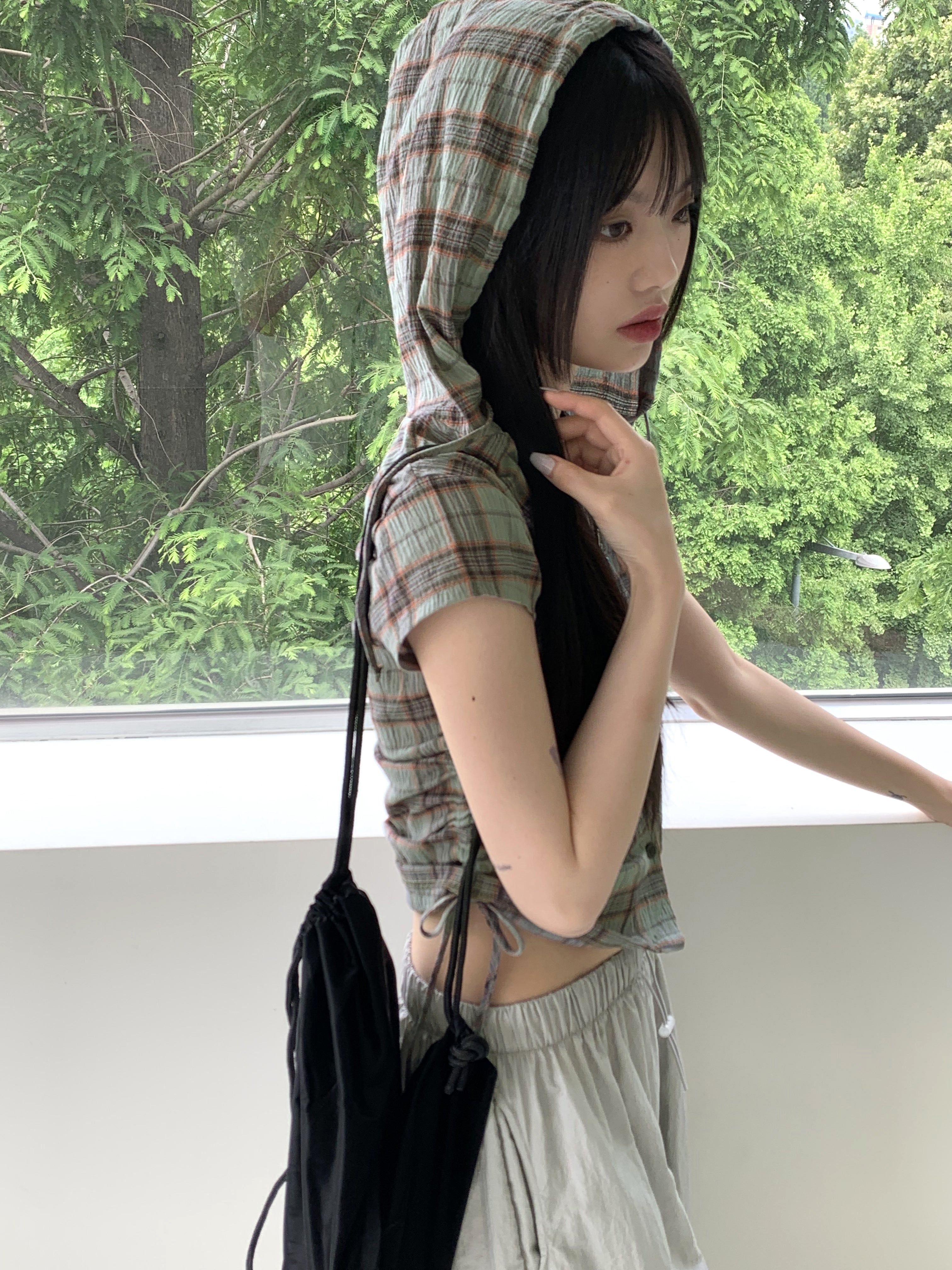 Teyu String Shirring Linen Check Hooded Shirt Camis