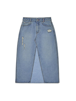 DAMAGE WASHING LONG DENIM SKIRT [BLUE]