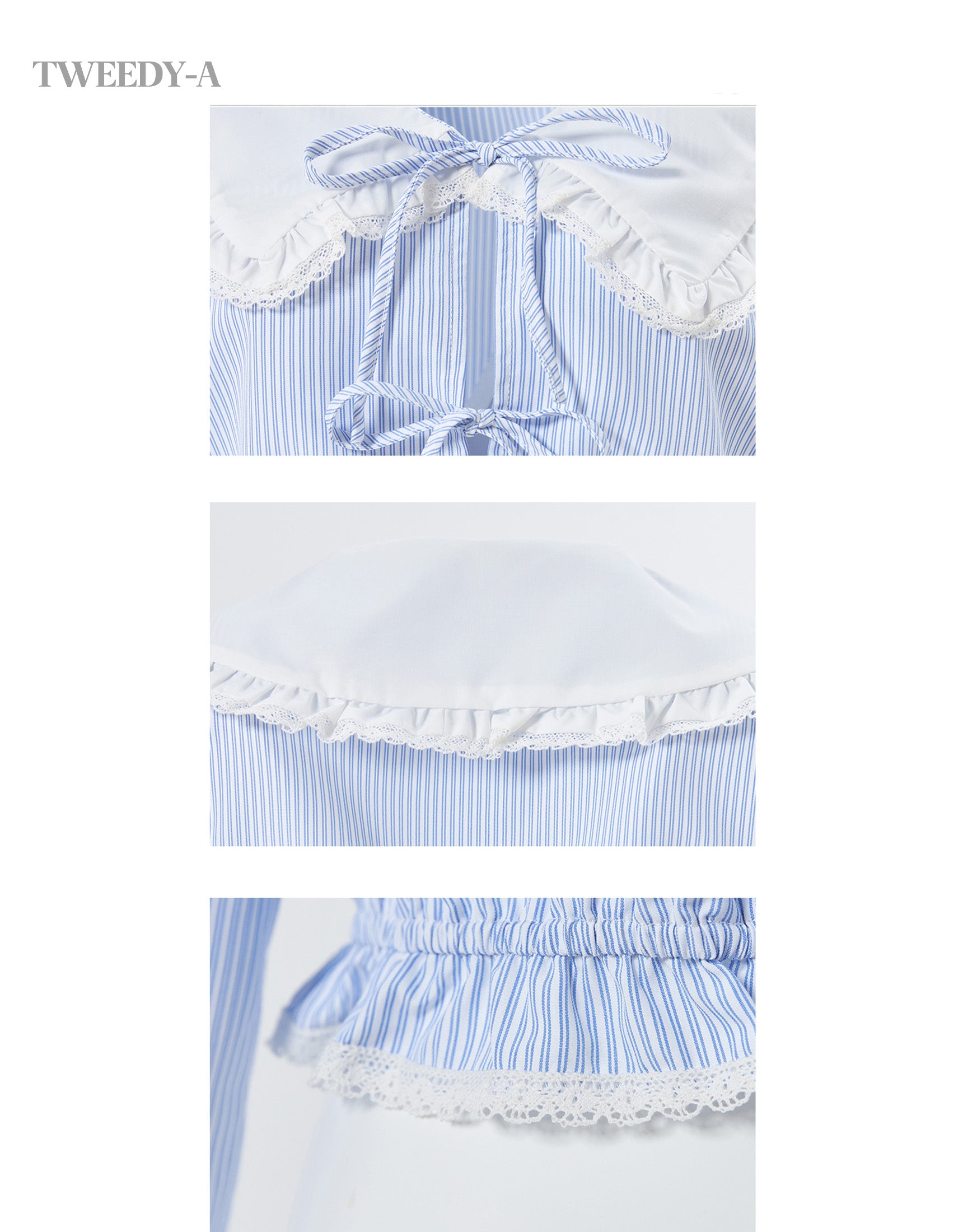 Triple ribbon point lace collar blouse