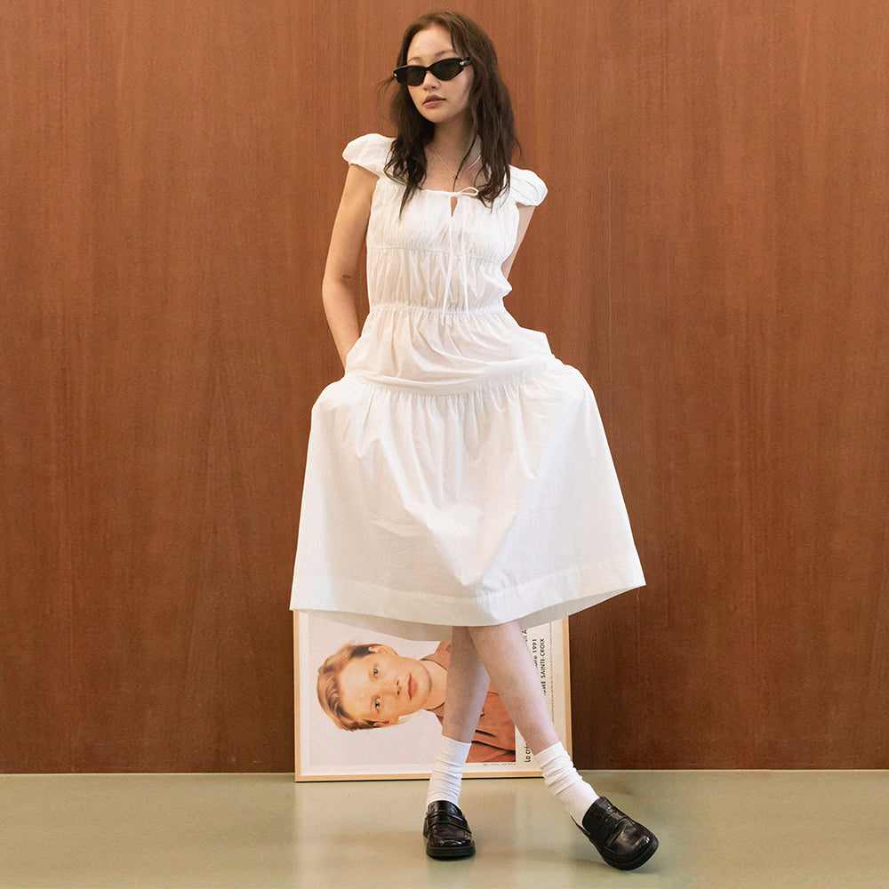 PINTUCK SHIRRING LONG DRESS_WHITE