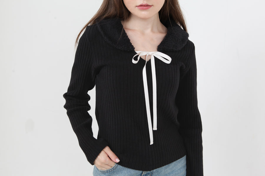 fur collar knit t-shirt black