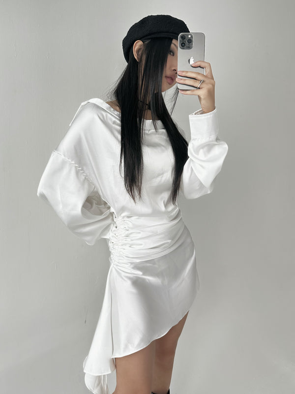 Silky shirring uncut shirt dress