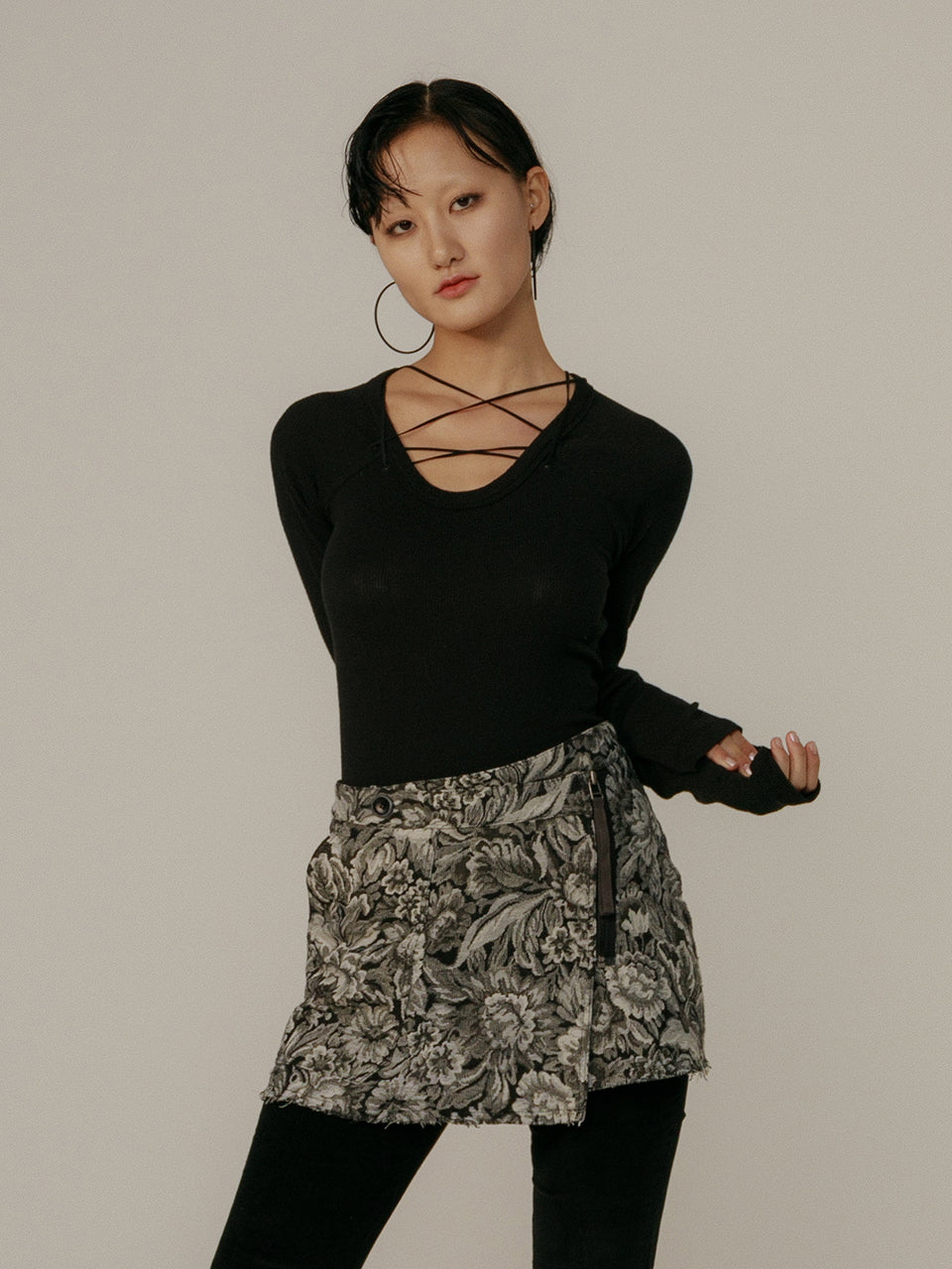 LAYERED WRAP SKIRT FLOWER JACQUARD